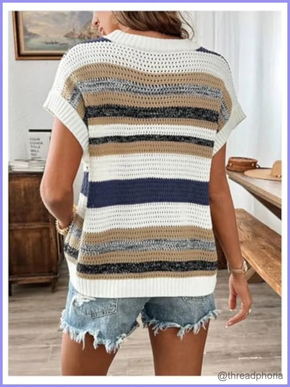 Women's Striped Oversized Hollow Out Crochet Crew Neck Pullover Sweater